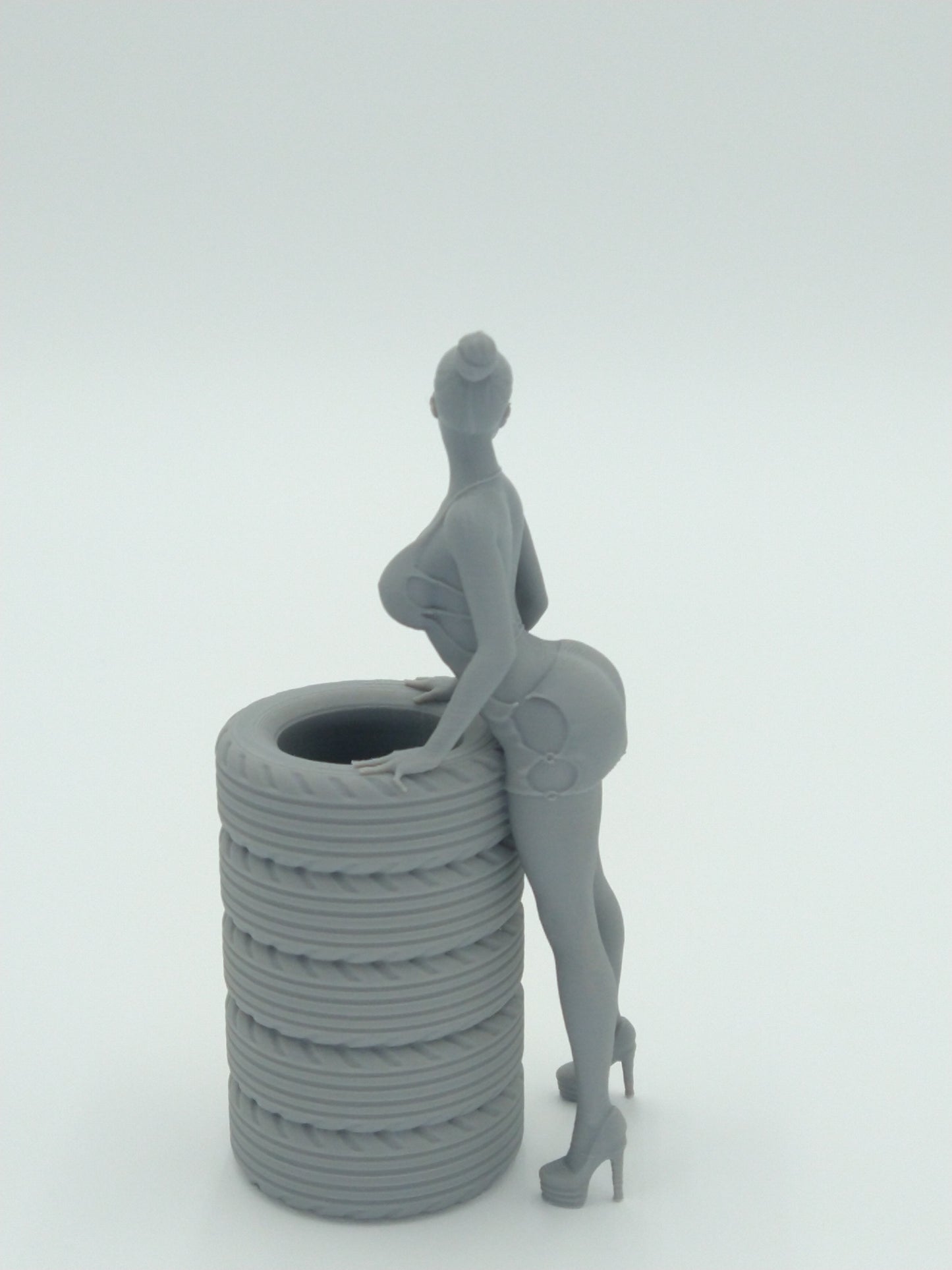 Sexy Bikini Girl Posing on Tires Pen Holder 5.5" Gray 3d printed