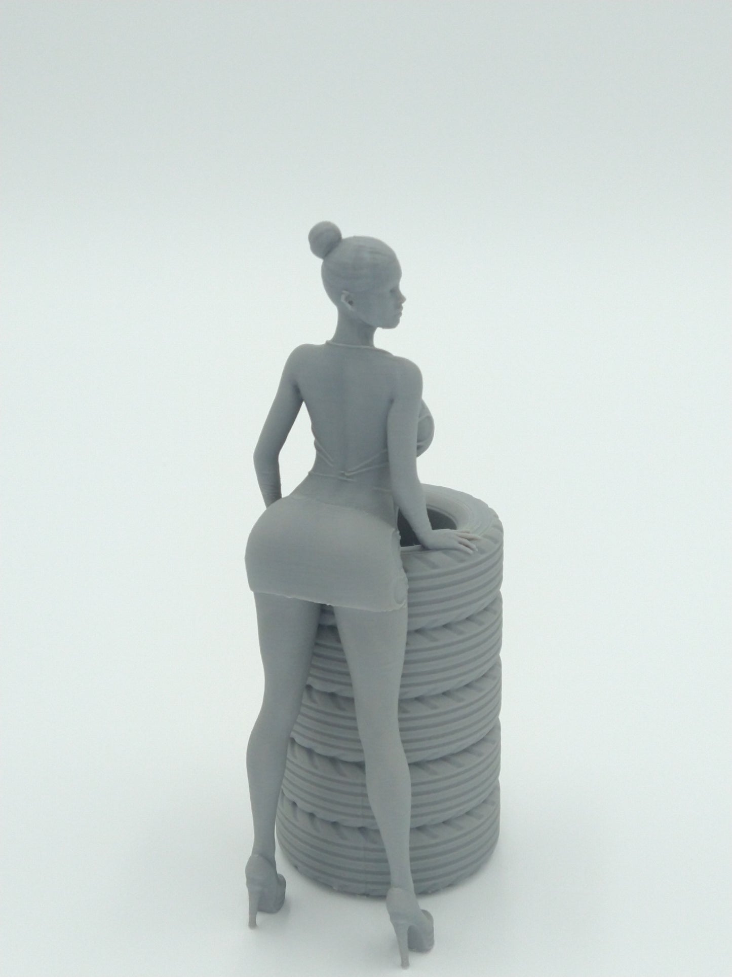 Sexy Bikini Girl Posing on Tires Pen Holder 5.5" Gray 3d printed